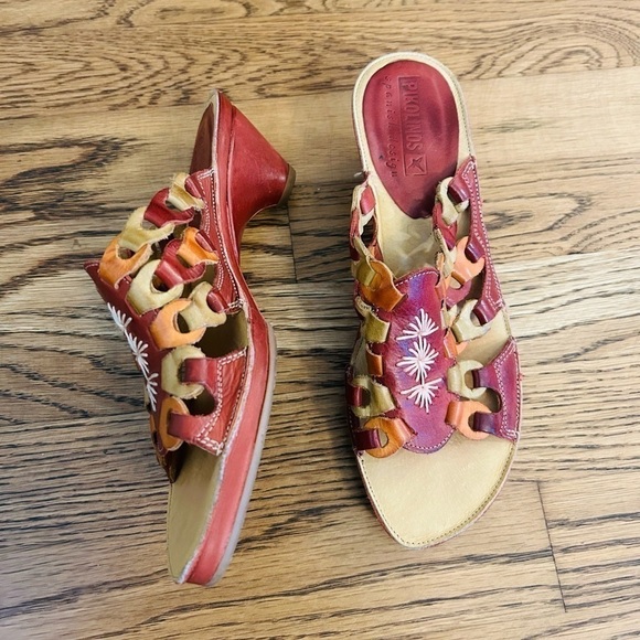 Pikolinos Boho Aztec Leather Mule Slide Open Toe Red  Heel Sandal Size 36 - Picture 2 of 11